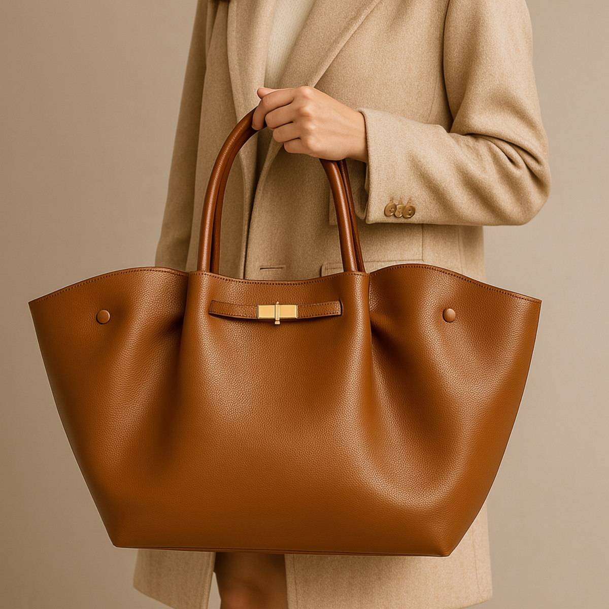 Bolsa Tote de Luxo Feminina em Couro Estruturado Grande com Alça de Ombro – Lealia