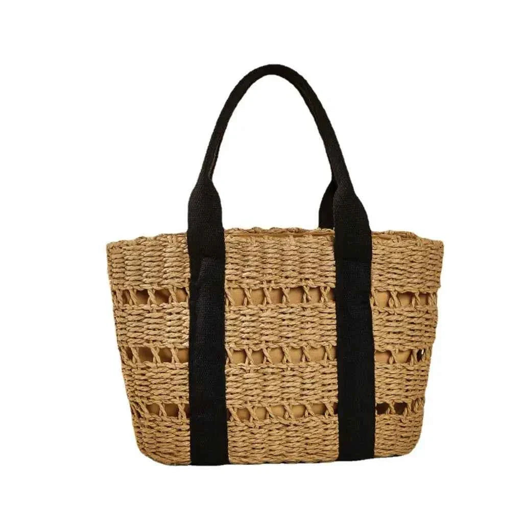 Bolsa Tote Feminina de Palha com Alça de Ombro em Tecido – Nelilina