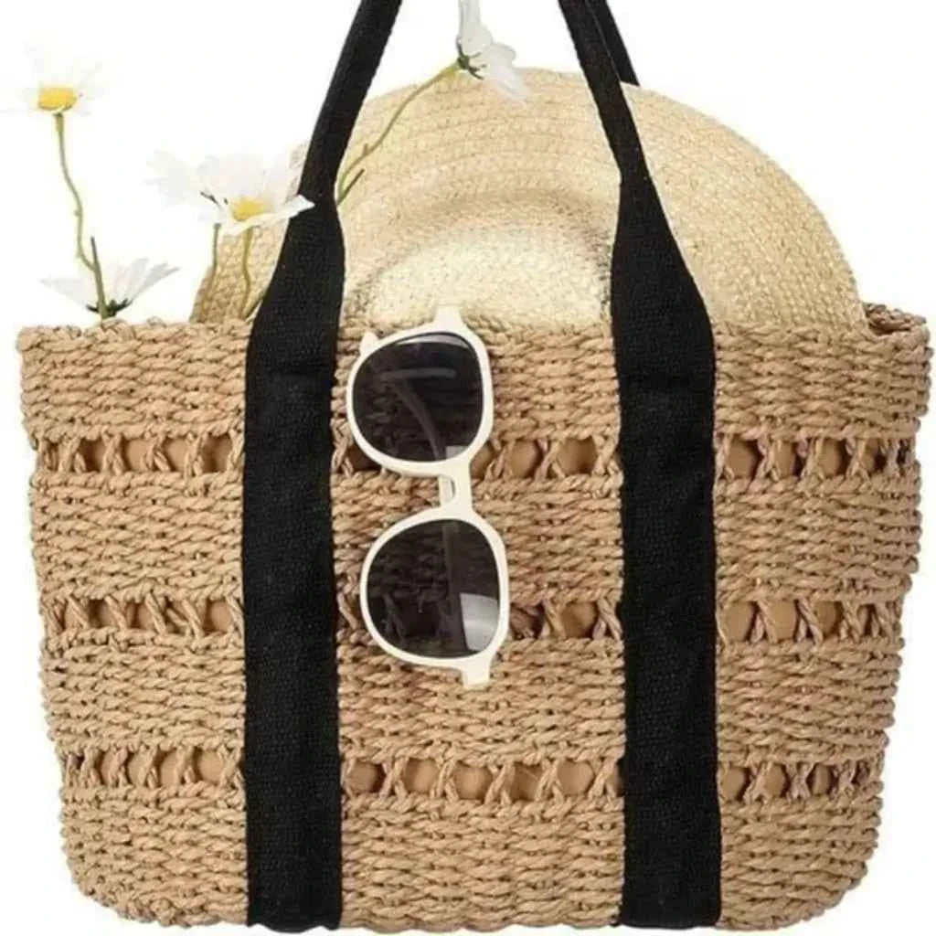 Bolsa Tote Feminina de Palha com Alça de Ombro em Tecido – Nelilina