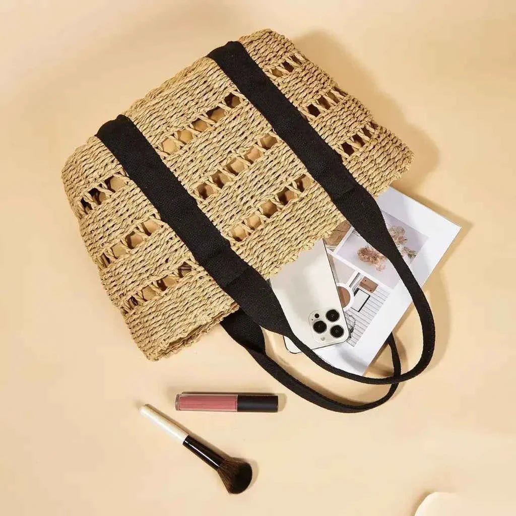 Bolsa Tote Feminina de Palha com Alça de Ombro em Tecido – Nelilina
