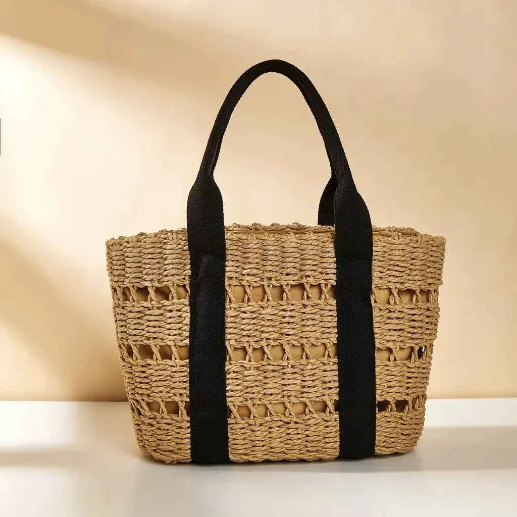 Bolsa Tote Feminina de Palha com Alça de Ombro em Tecido – Nelilina
