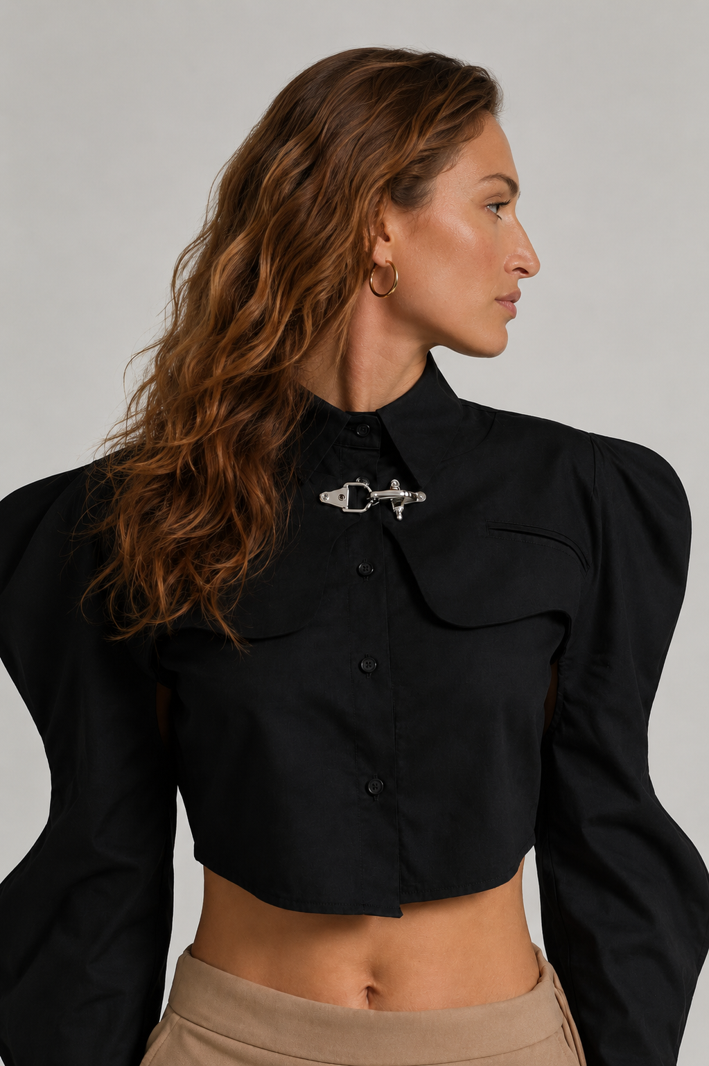 Camisa Feminina Cropped Estruturada Manga Bufante Longa – Regina