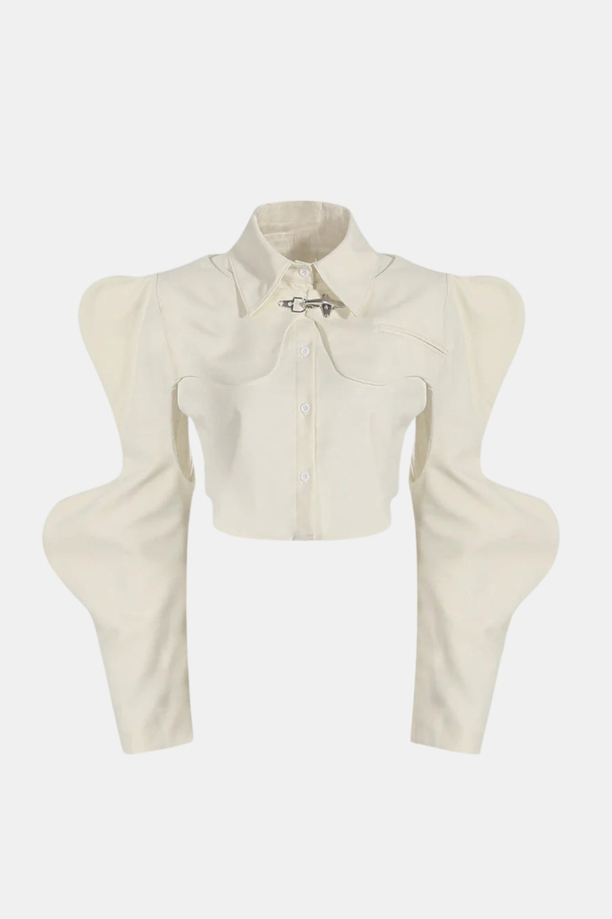 Camisa Feminina Cropped Estruturada Manga Bufante Longa – Regina