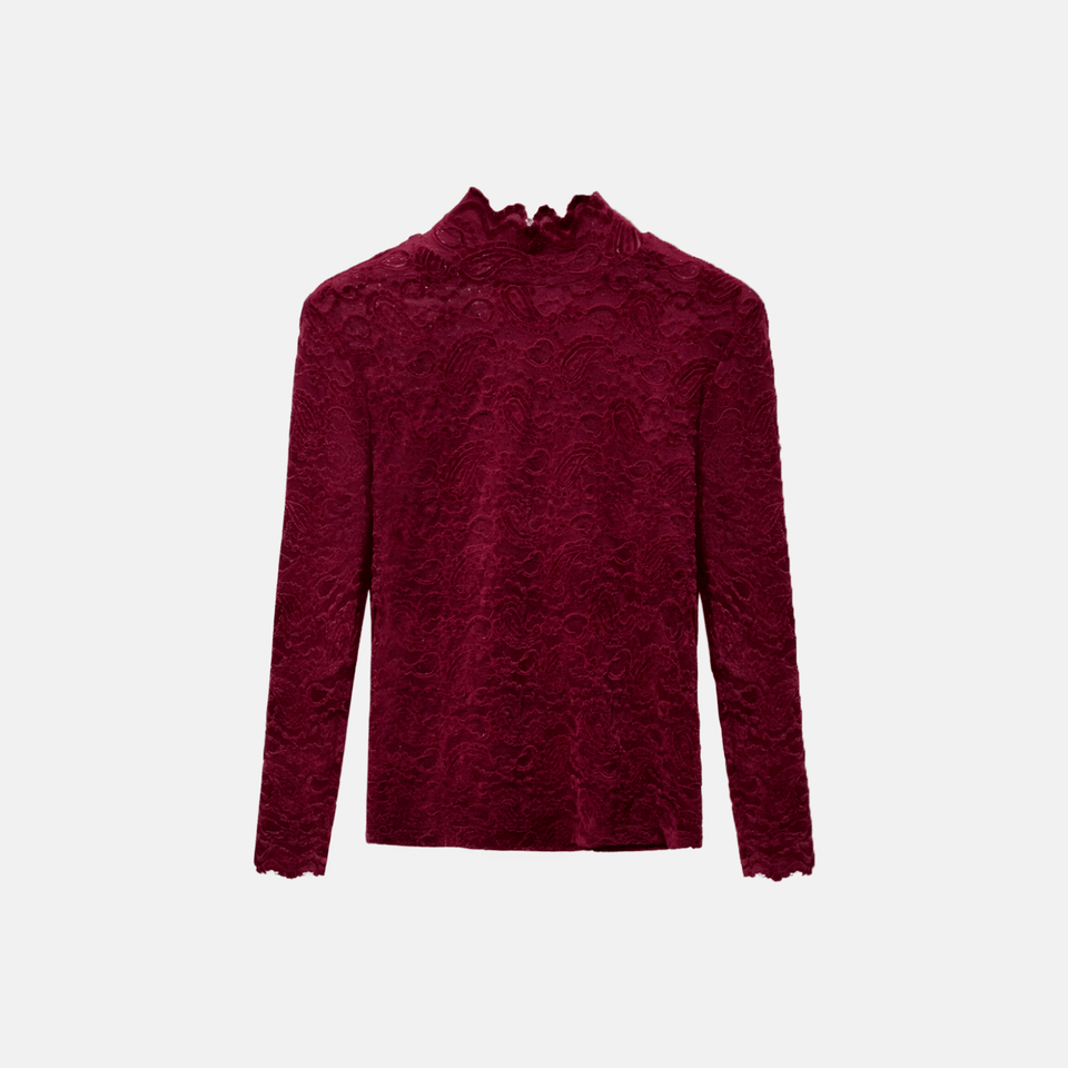 Blusa de Renda Manga Longa com Gola Alta de Babados – Solalia