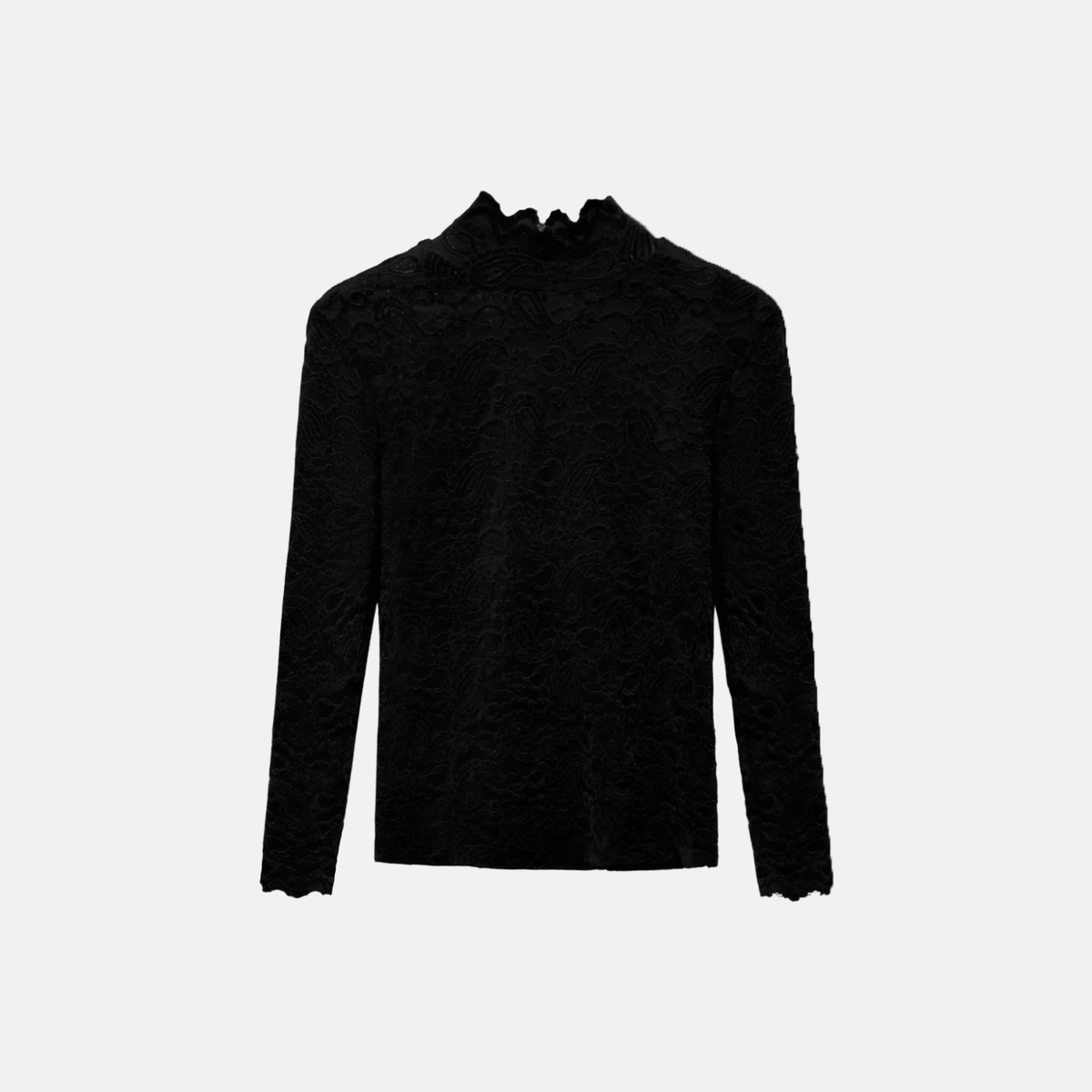 Blusa de Renda Manga Longa com Gola Alta de Babados – Solalia