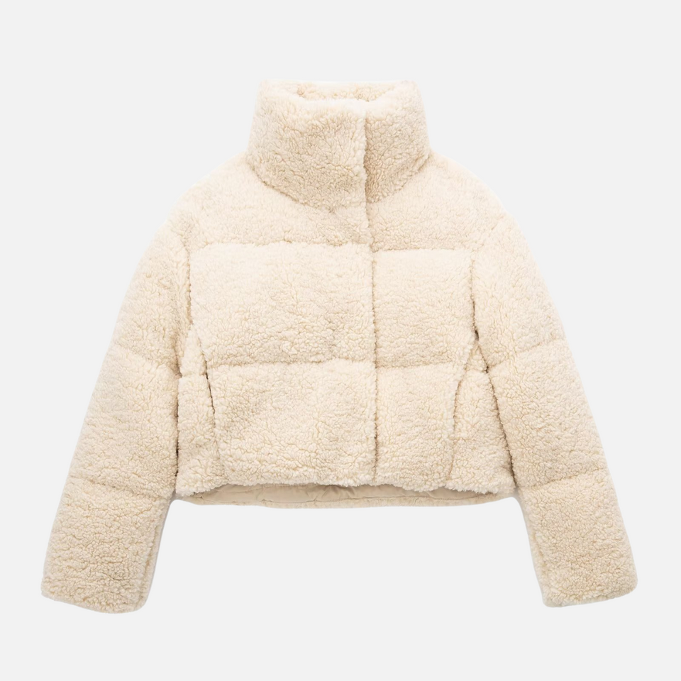 Jaqueta Puffer Cropped de Pelúcia Off White – Corarina