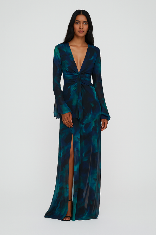 Chemise Longa de Chiffon Estampado com Babados – Milena