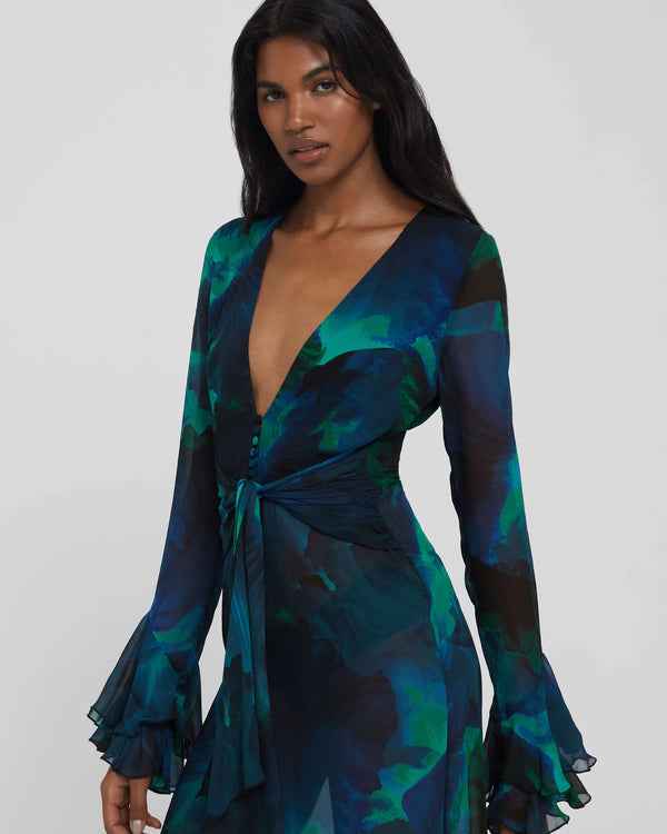 Chemise Longa de Chiffon Estampado com Babados – Milena