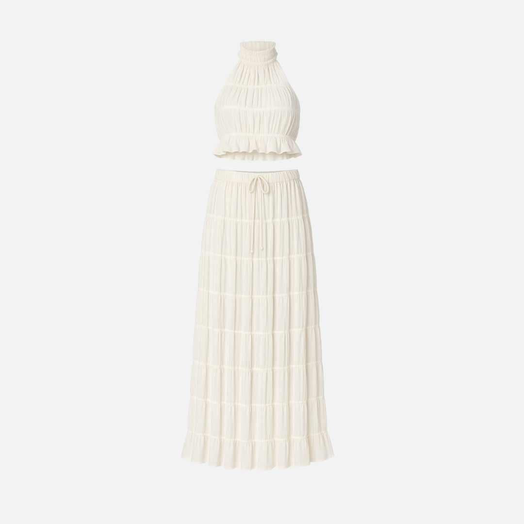 Conjunto Feminino Off White Cropped e Saia Longa de Lastex – Lelinira