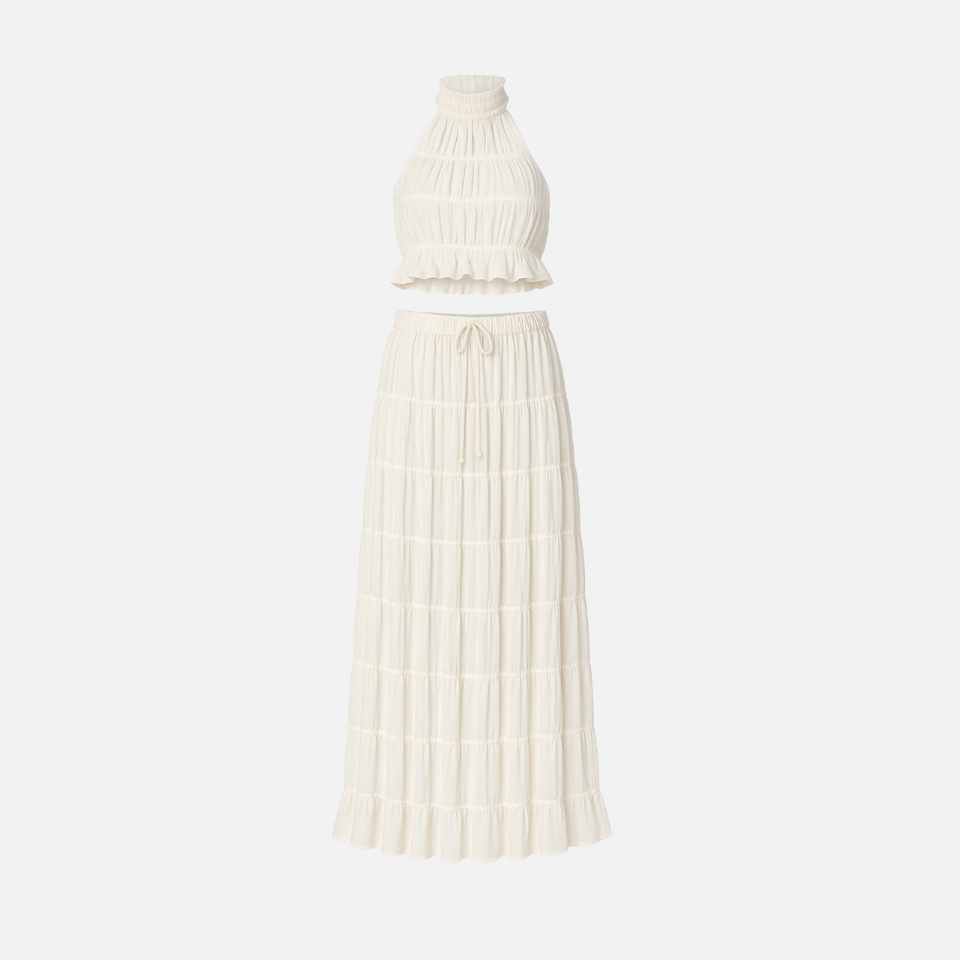 Conjunto Feminino Off White Cropped e Saia Longa de Lastex – Lelinira