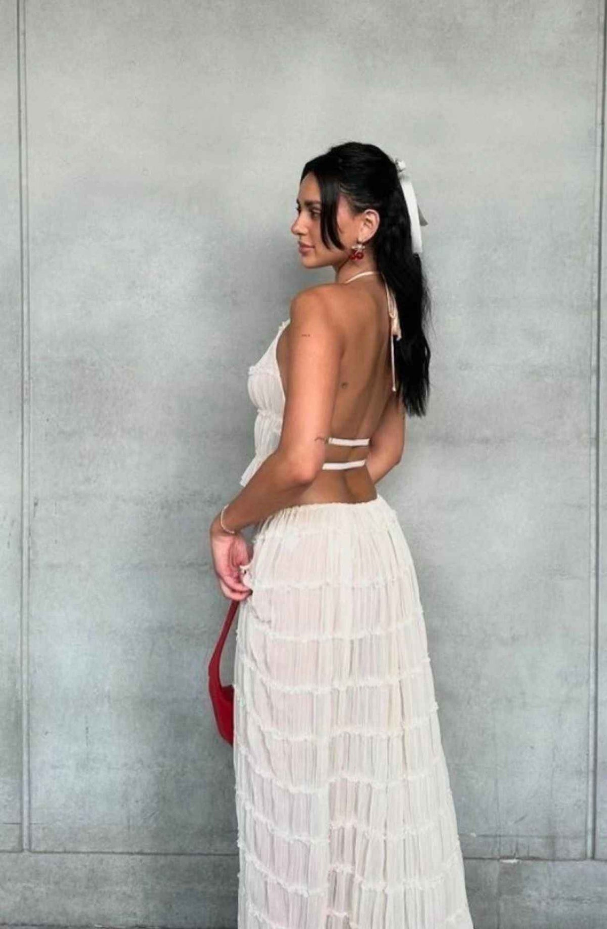 Conjunto Feminino Off White Cropped e Saia Longa de Lastex – Lelinira