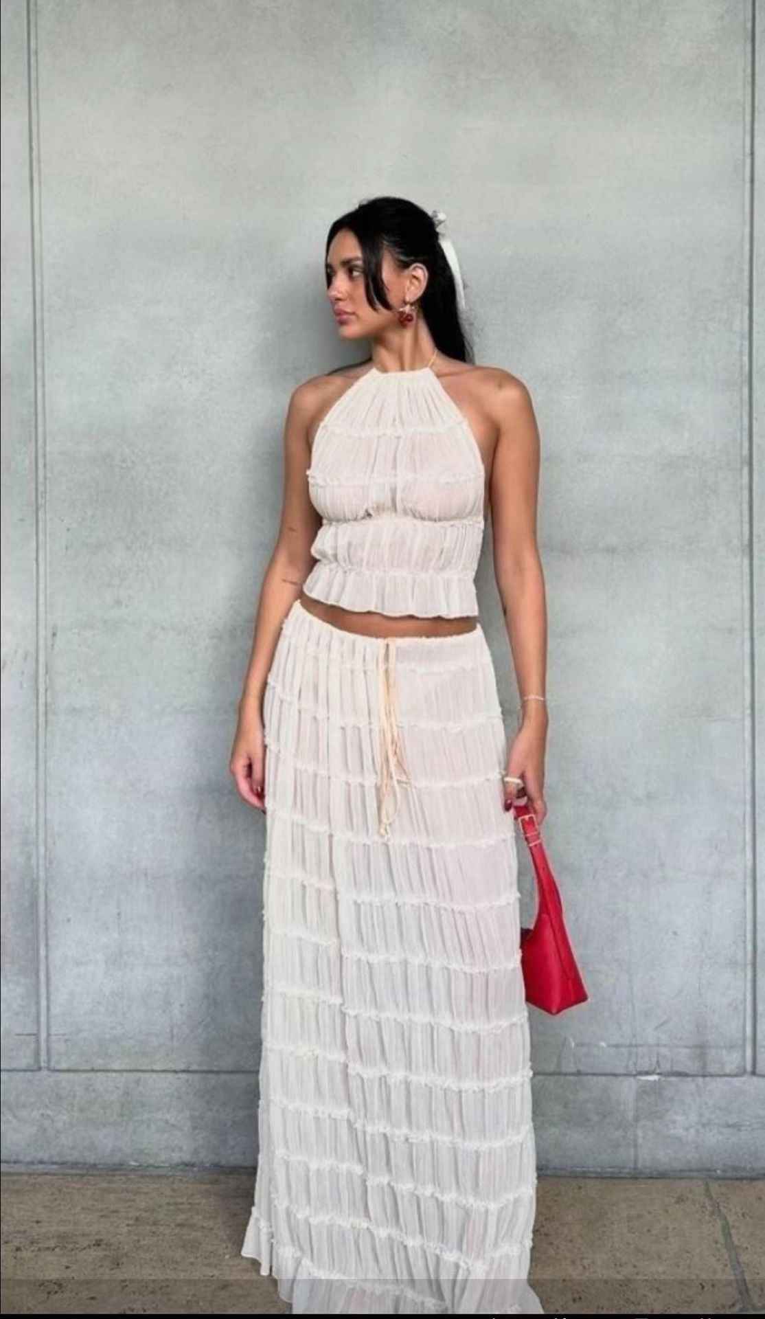 Conjunto Feminino Off White Cropped e Saia Longa de Lastex – Lelinira