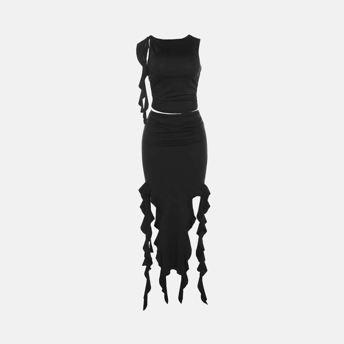 Conjunto Feminino Assimétrico com Top e Saia Longa com Babados em Cascata – Renanora