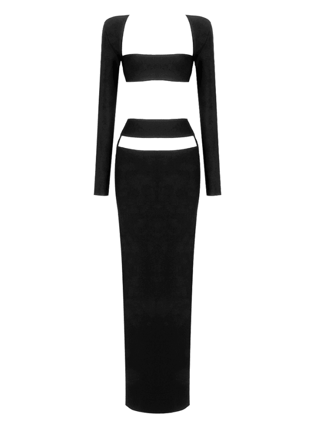 Conjunto Feminino de Festa Preto com Cropped Estruturado e Saia Longa com Recorte – Nalarina