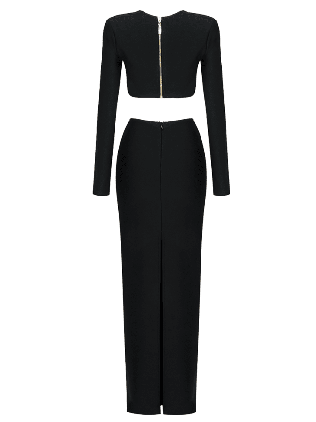 Conjunto Feminino de Festa Preto com Cropped Estruturado e Saia Longa com Recorte – Nalarina