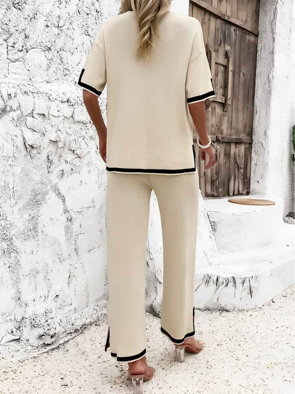 Conjunto Feminino Malha Fina Blusa Manga Curta e Calça Pantalona com Detalhes Contrastantes – Joana