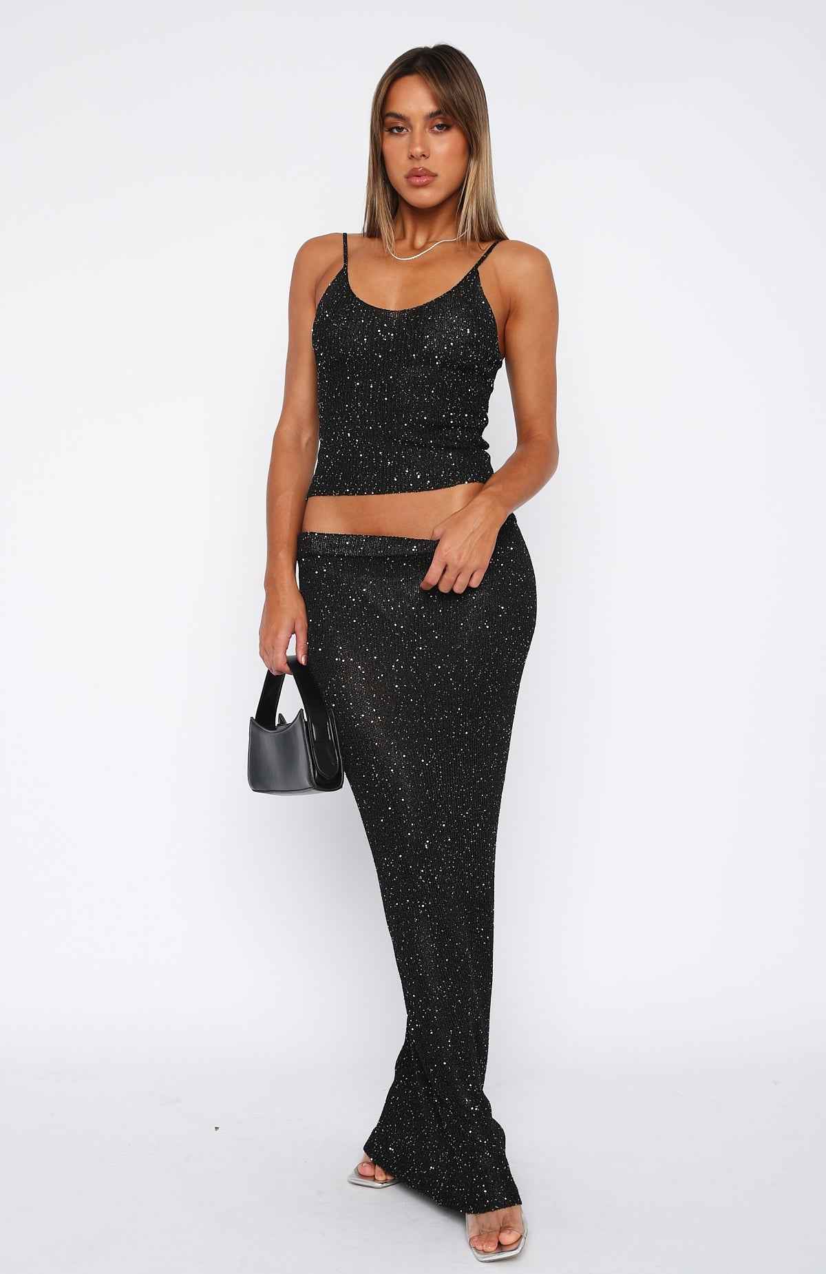 Conjunto Feminino Preto com Brilho Cropped e Saia Longa – Rosarina