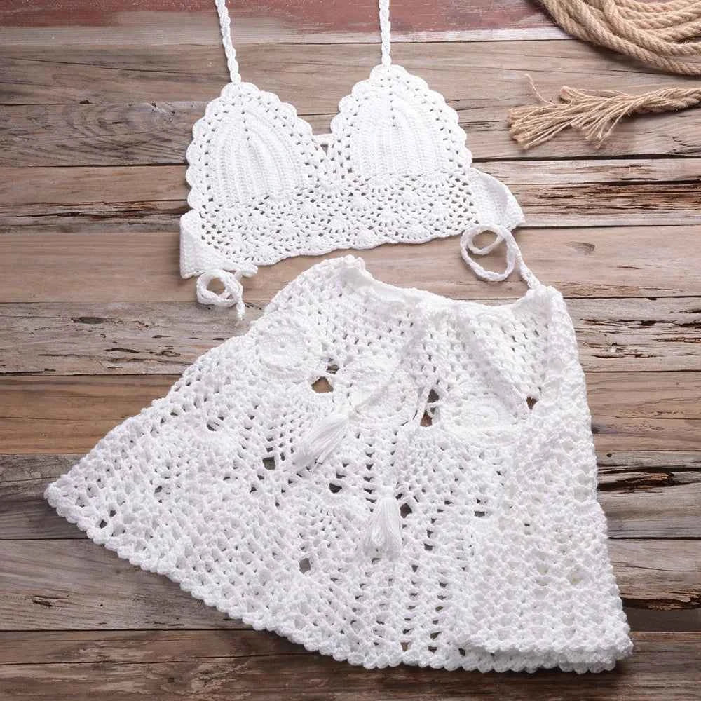Conjunto Feminino de Crochê com Top Frente Única e Minissaia de Cintura Alta – Novalia