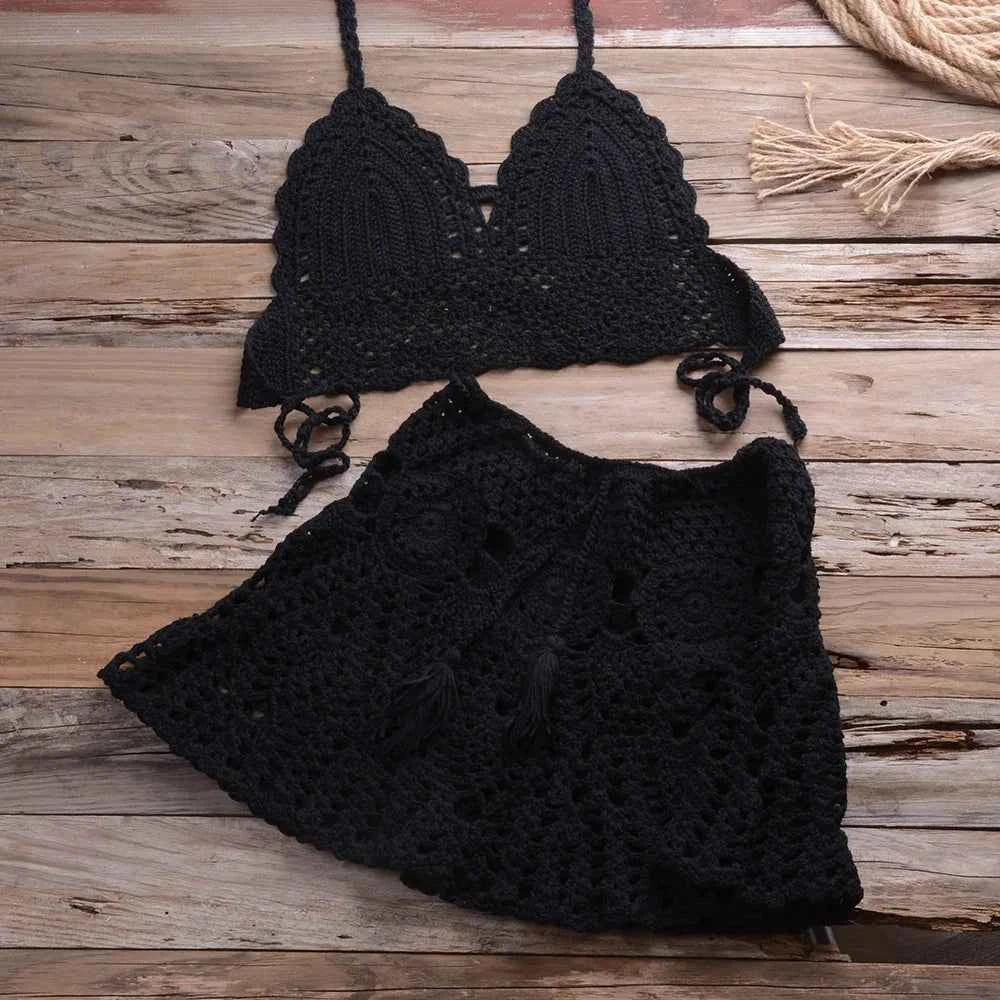 Conjunto Feminino de Crochê com Top Frente Única e Minissaia de Cintura Alta – Novalia