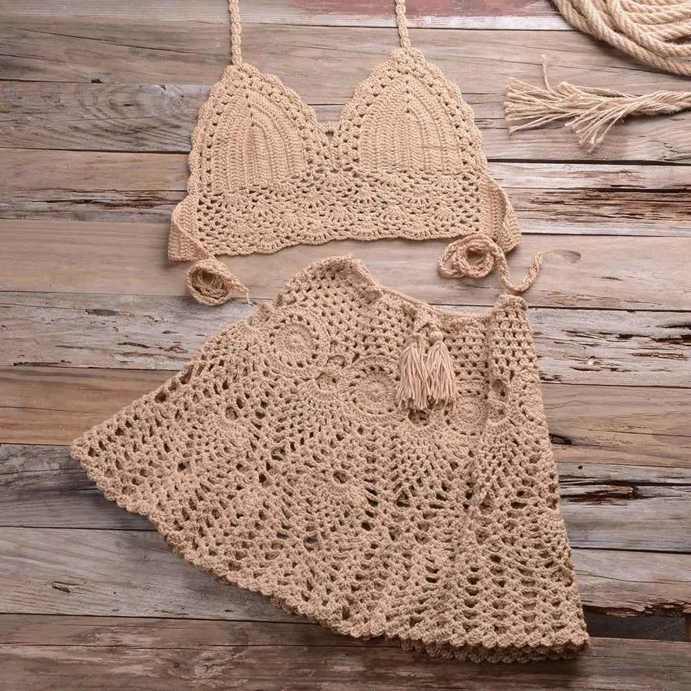 Conjunto Feminino de Crochê com Top Frente Única e Minissaia de Cintura Alta – Novalia