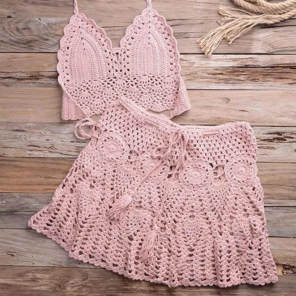 Conjunto Feminino de Crochê com Top Frente Única e Minissaia de Cintura Alta – Novalia