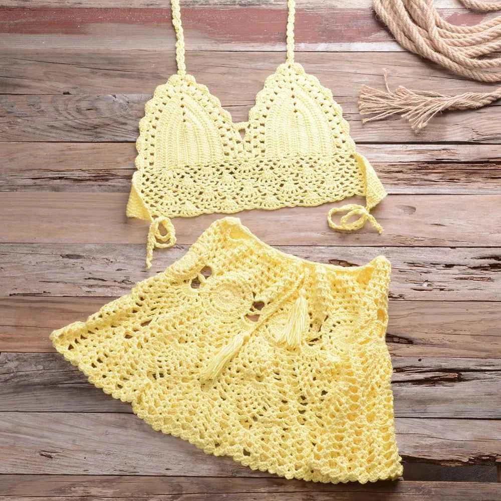 Conjunto Feminino de Crochê com Top Frente Única e Minissaia de Cintura Alta – Novalia