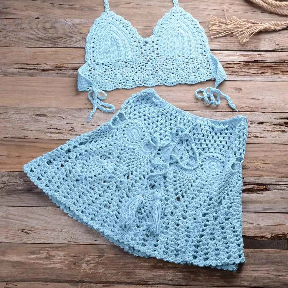 Conjunto Feminino de Crochê com Top Frente Única e Minissaia de Cintura Alta – Novalia