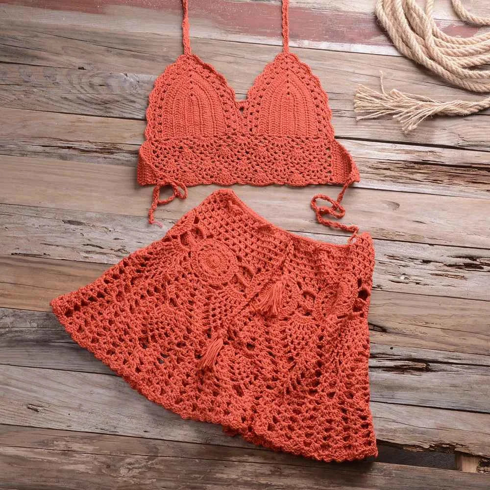 Conjunto Feminino de Crochê com Top Frente Única e Minissaia de Cintura Alta – Novalia