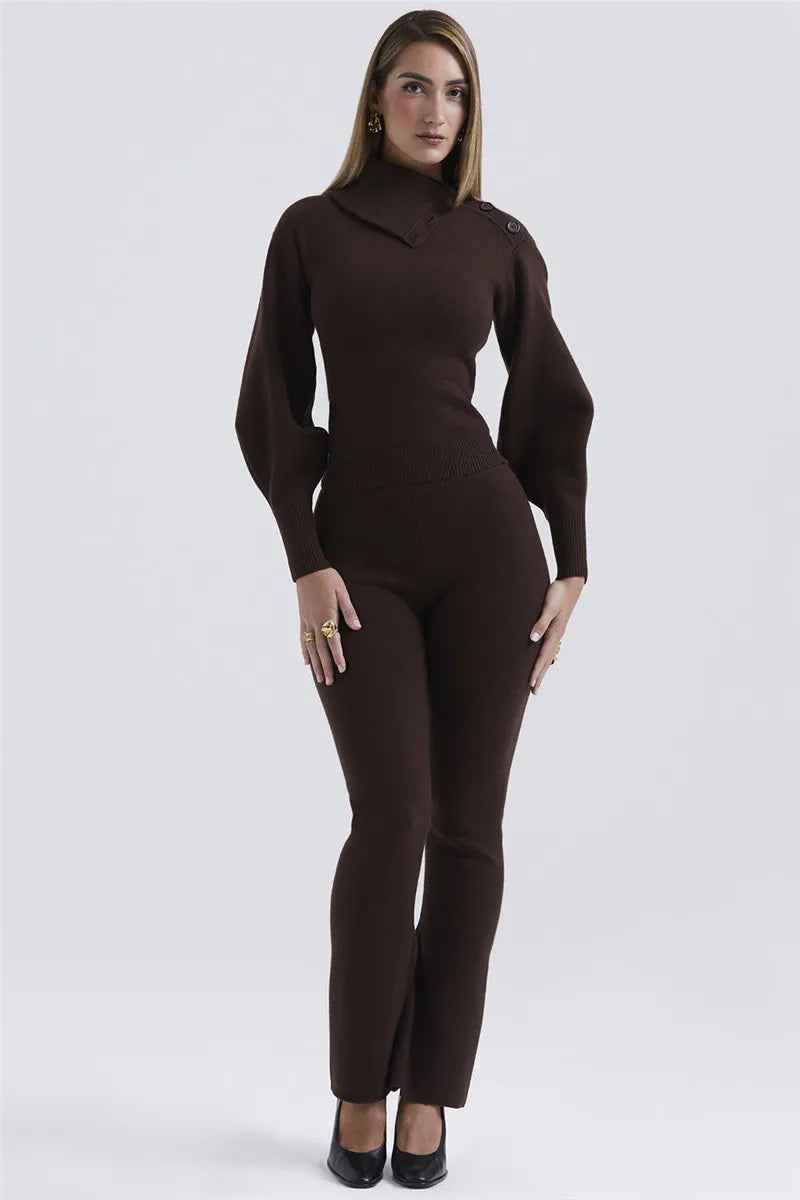 Conjunto Feminino de Tricô com Gola Assimétrica e Calça Flare – Celirina