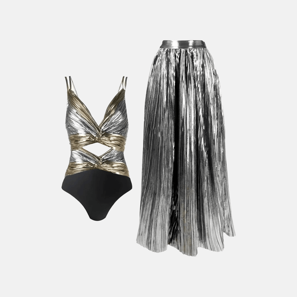 Conjunto Feminino de Festa com Body Metalizado Dourado e Prata e Saia Longa Plissada Prateada – Celirisa