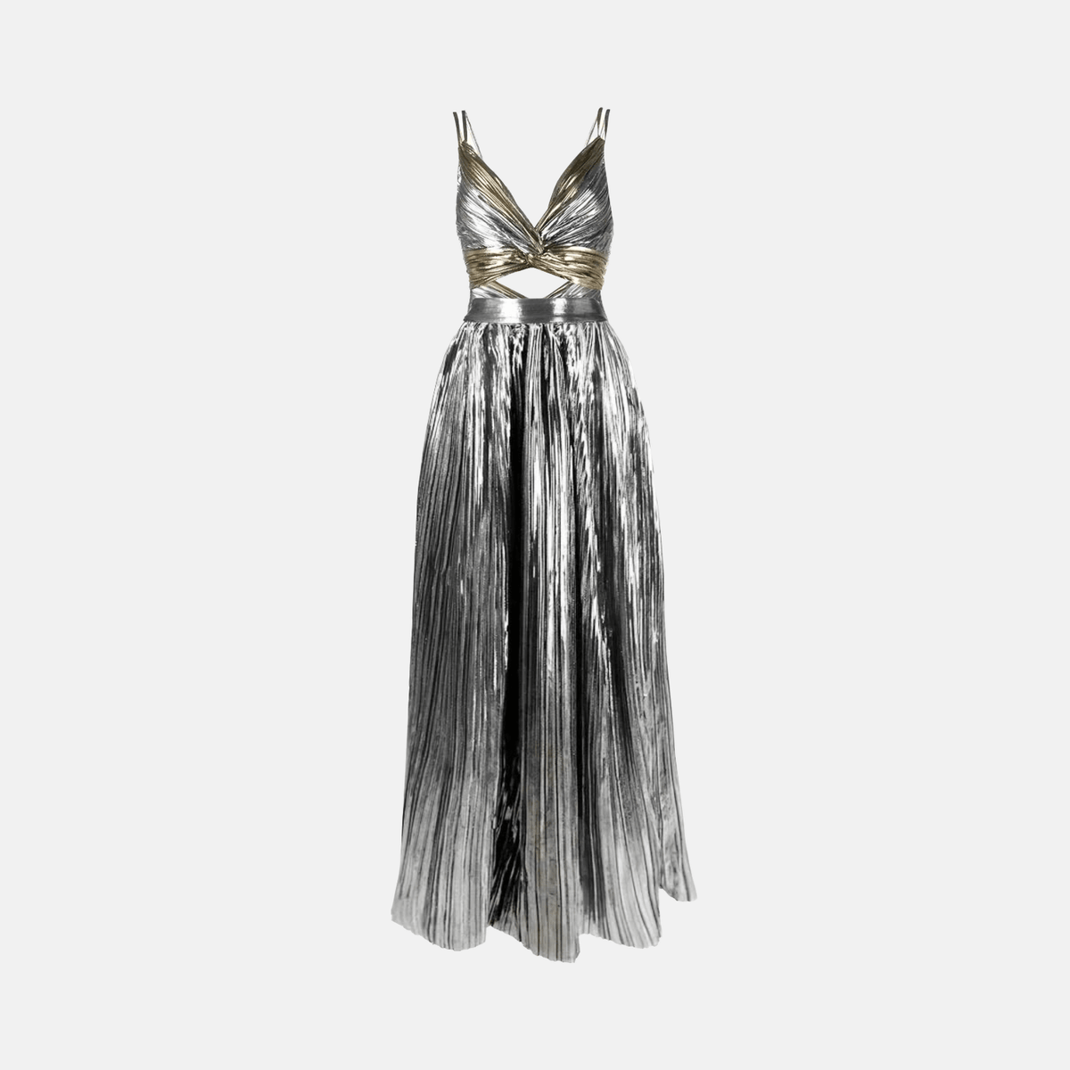 Conjunto Feminino de Festa com Body Metalizado Dourado e Prata e Saia Longa Plissada Prateada – Celirisa