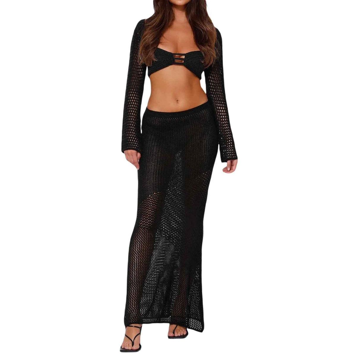 Conjunto Feminino Off White de Tricô Cropped e Saia Longa Sereia – Mirarina
