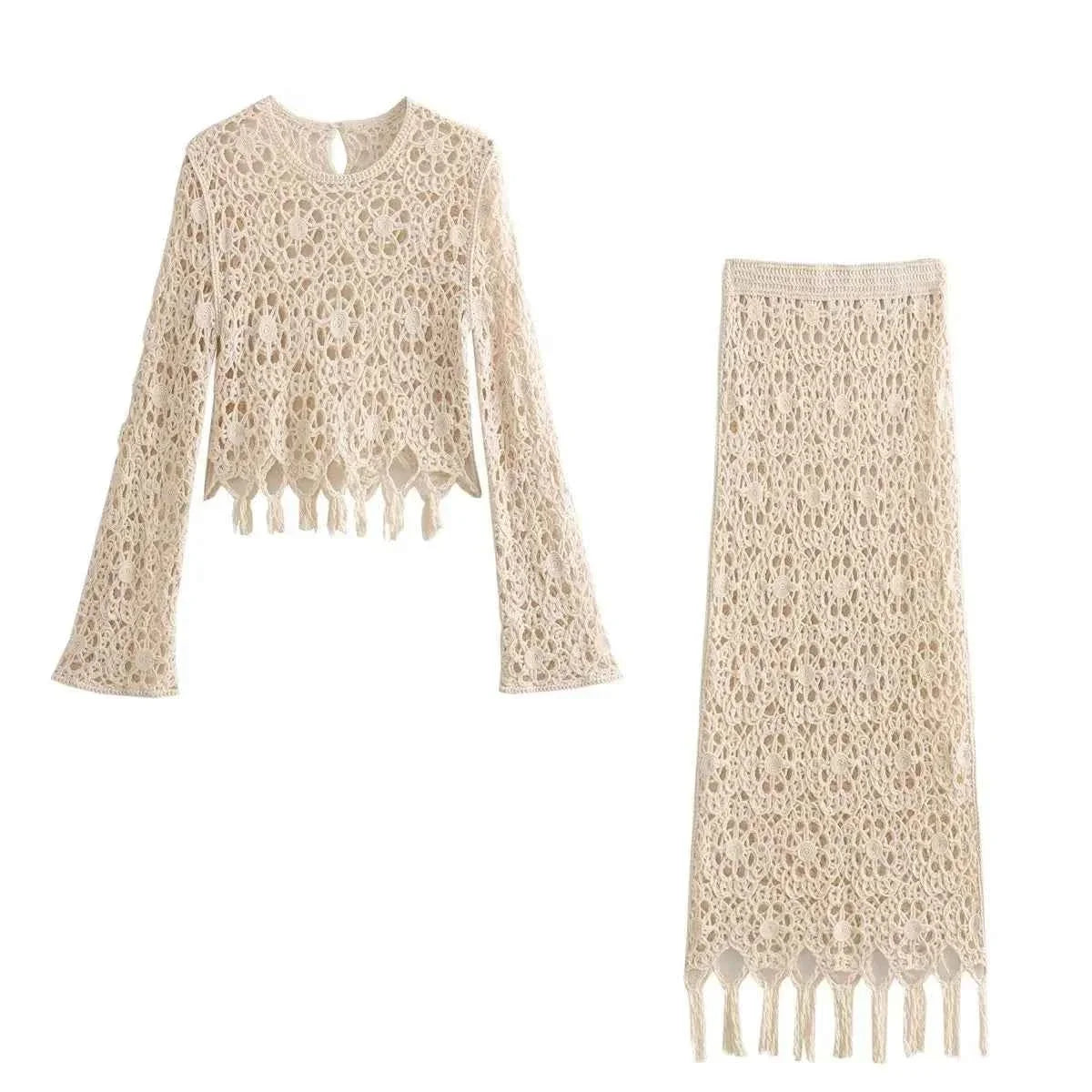 Conjunto Feminino de Crochê com Top Manga Longa e Saia Longa com Franjas – Niranira
