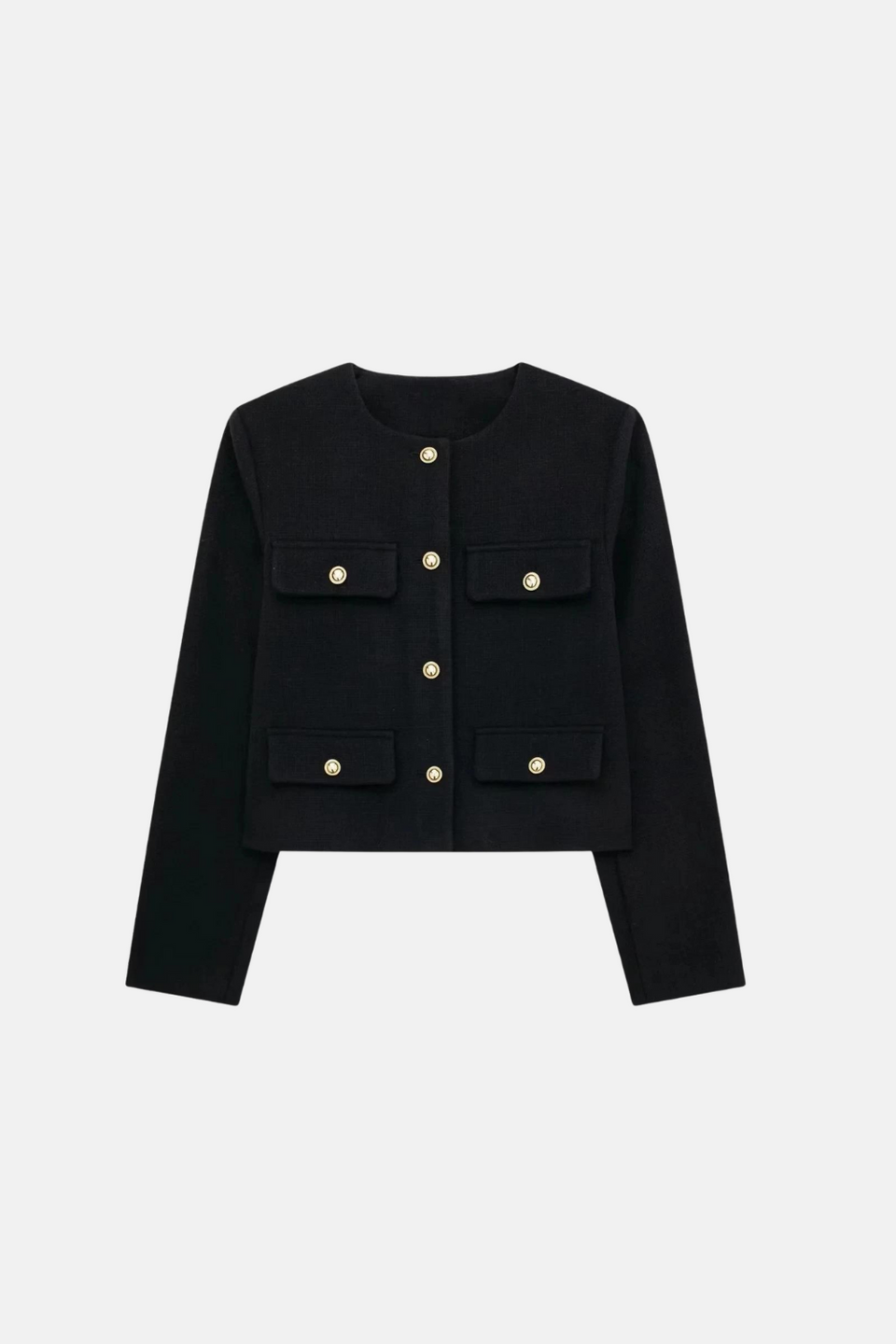 Jaqueta Cropped Preta com Botões Dourados – Kalirina