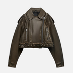 Jaqueta de Couro Biker Cropped com Efeito Vintage – Avarisa