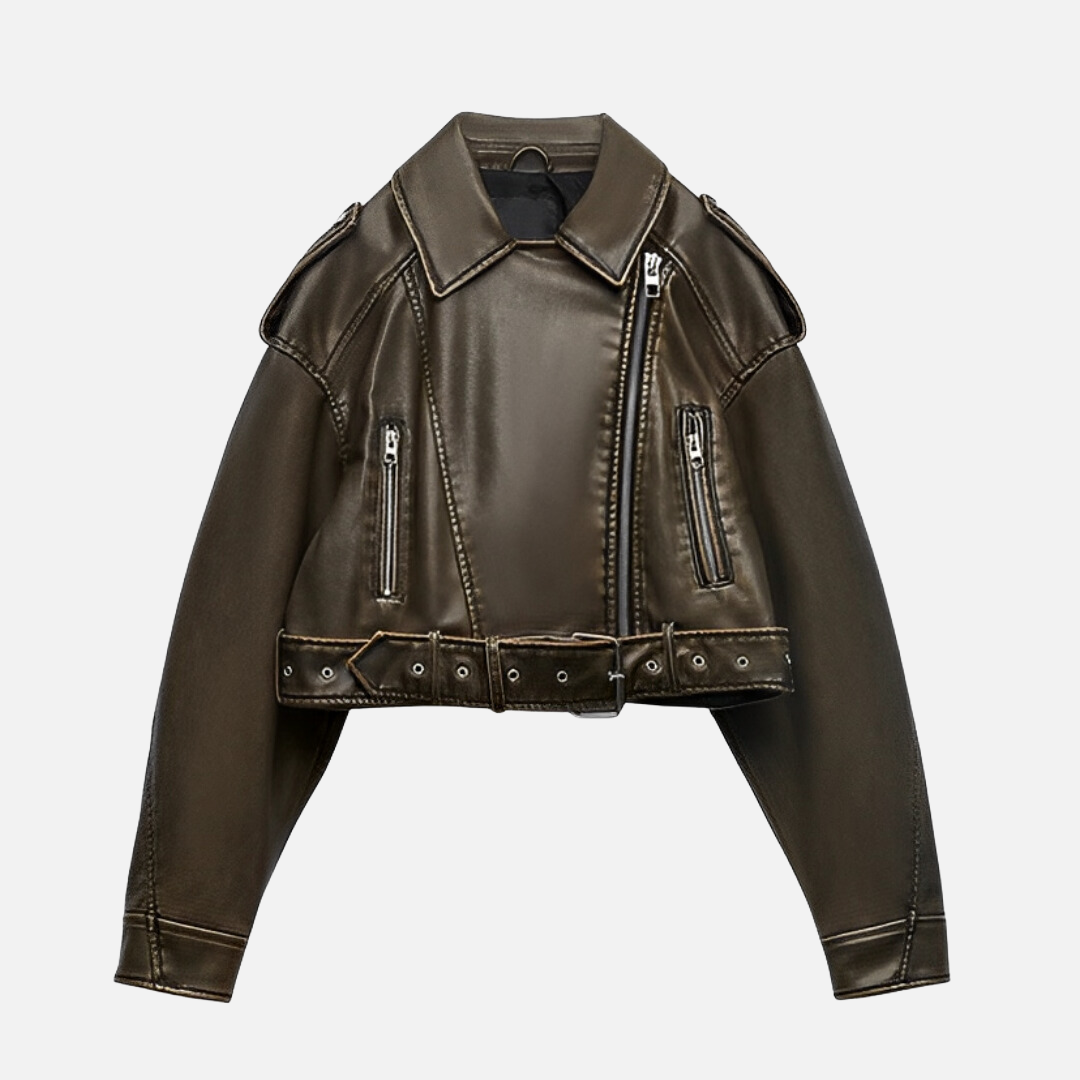 Jaqueta de Couro Biker Cropped com Efeito Vintage – Avarisa