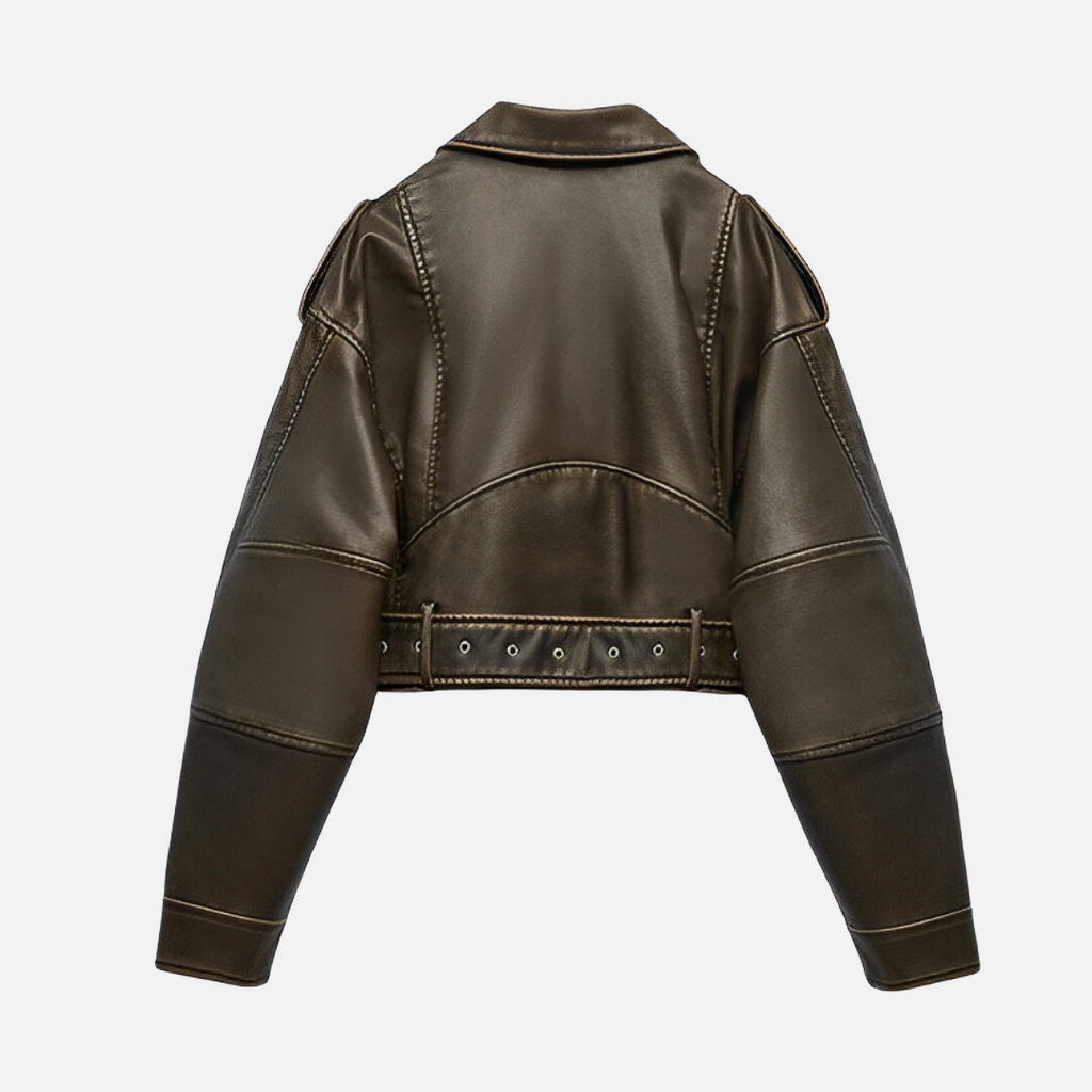Jaqueta de Couro Biker Cropped com Efeito Vintage – Avarisa
