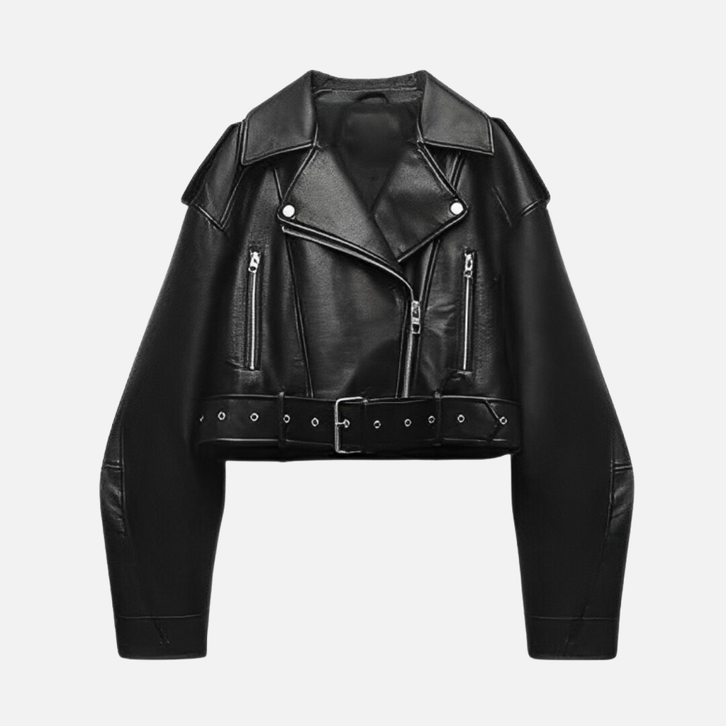 Jaqueta de Couro Biker Cropped com Efeito Vintage – Avarisa