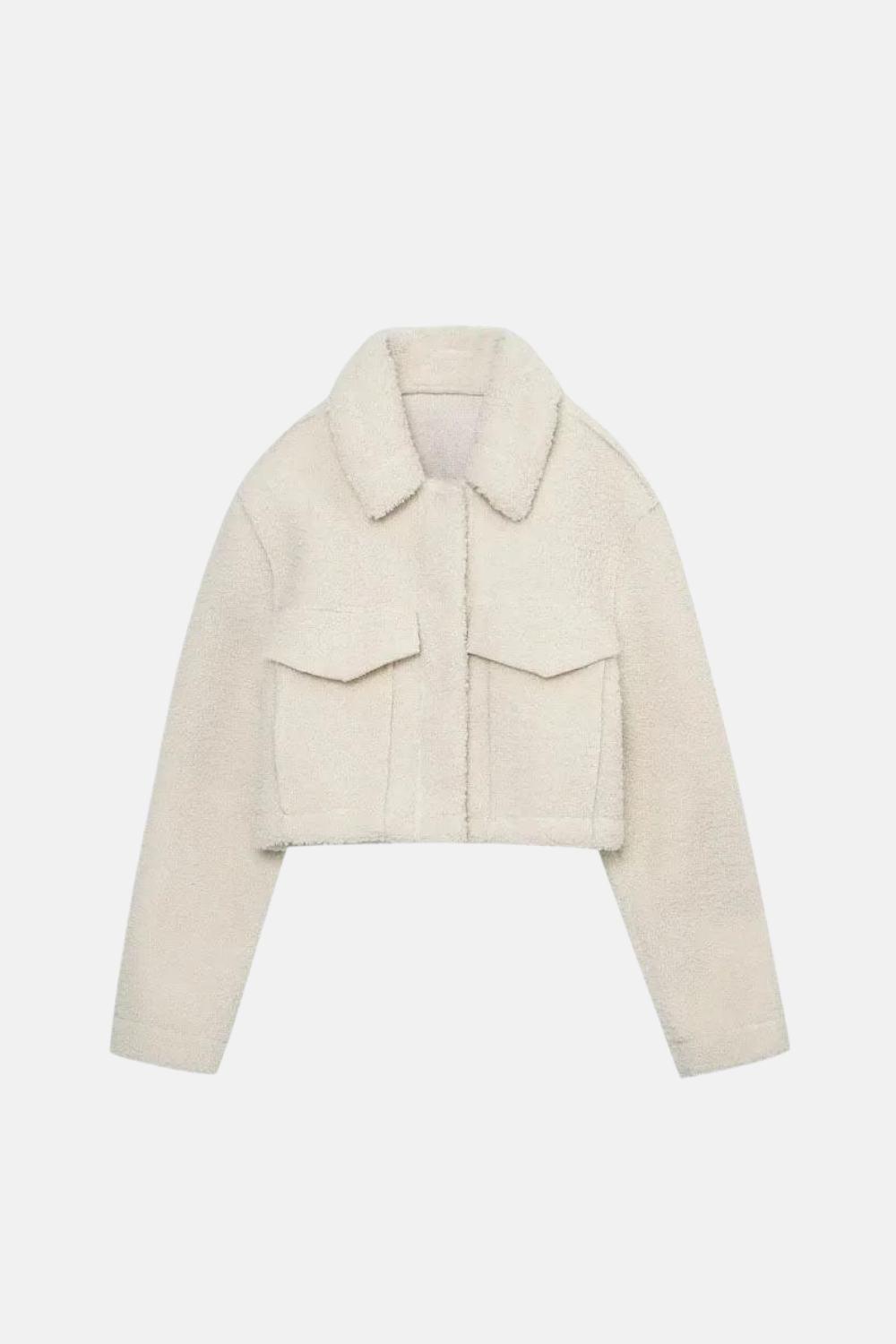Jaqueta Cropped de Pelúcia Off White Estilo Camisa – Lararina