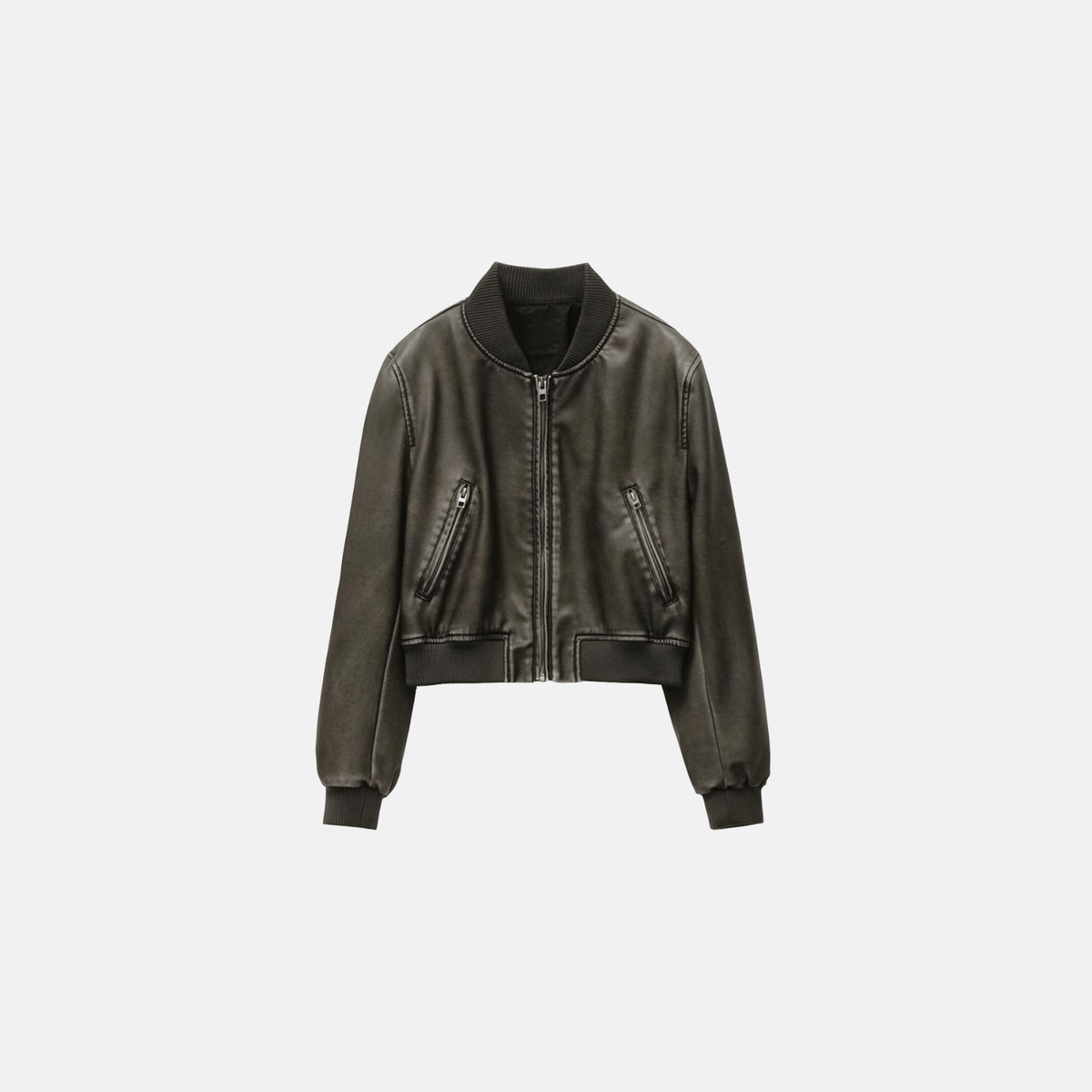 Jaqueta Feminina Bomber Cropped em Couro Sintético Preto com Zíper – Seralia