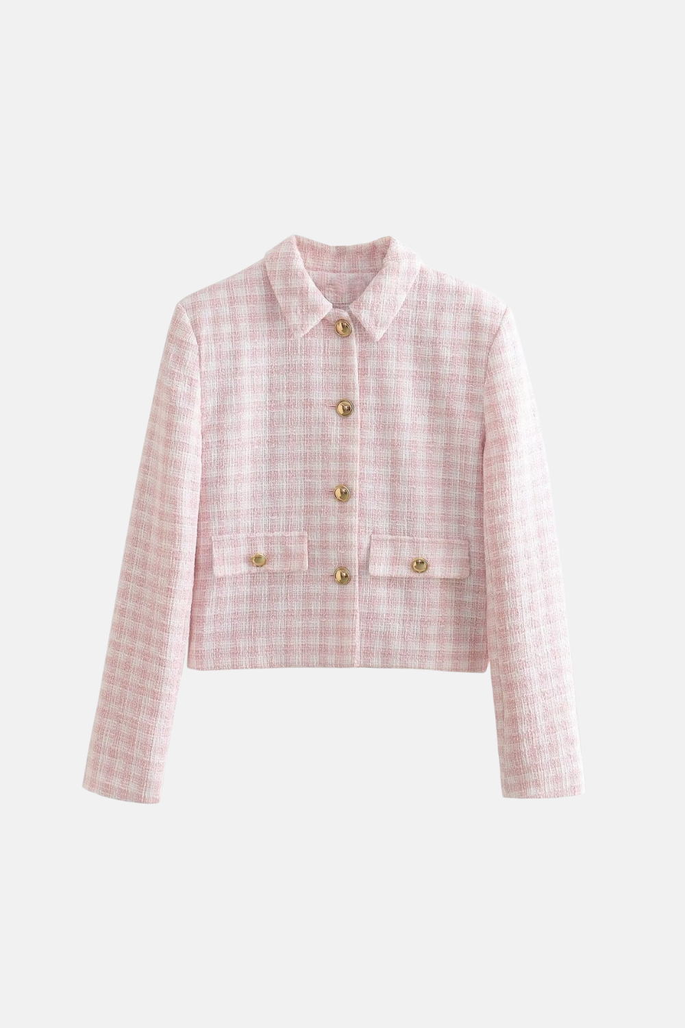 Jaqueta Cropped de Tweed Rosa com Botões Dourados – Learina