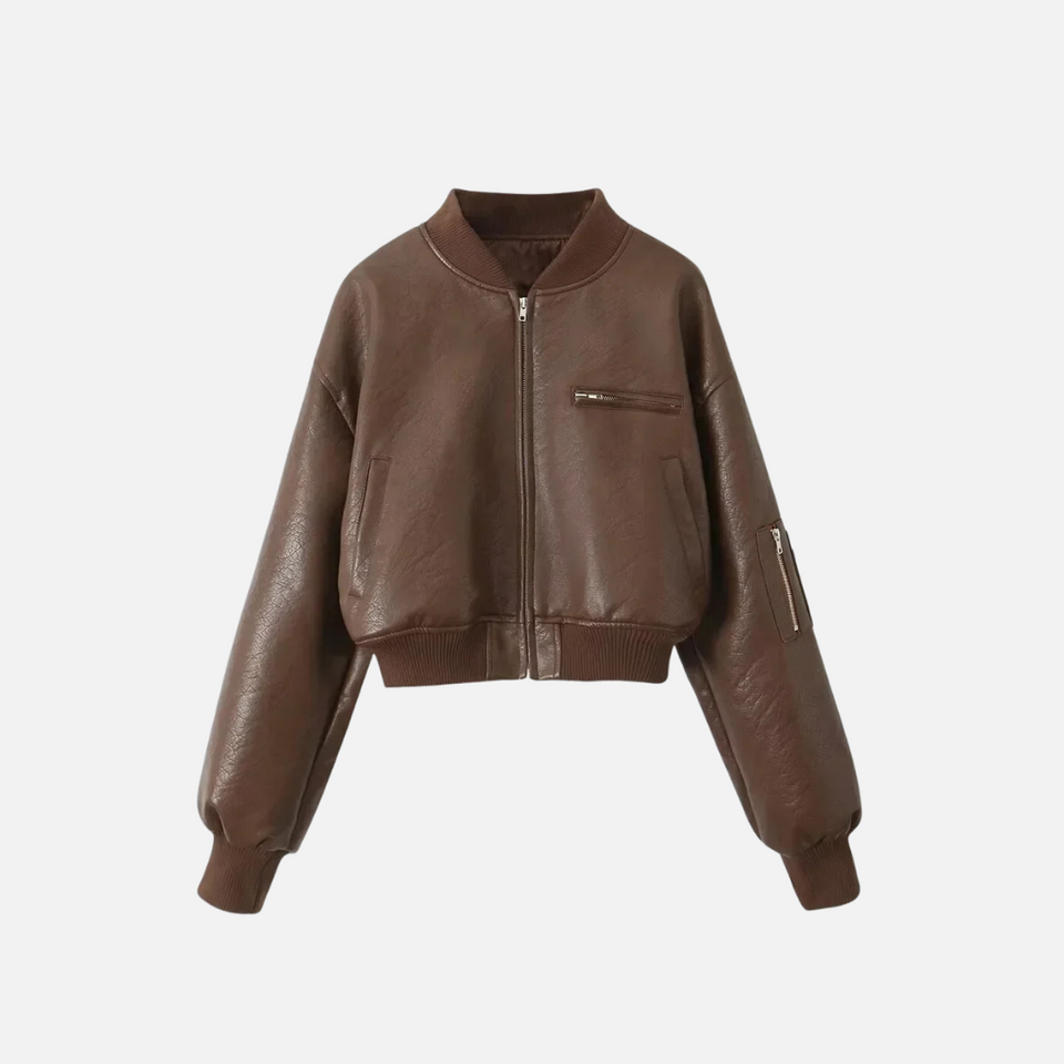 Jaqueta Bomber Cropped de Couro Ecológico – Valalia