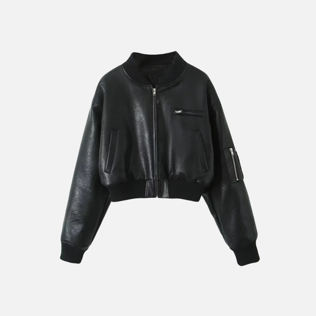 Jaqueta Bomber Cropped de Couro Ecológico – Valalia