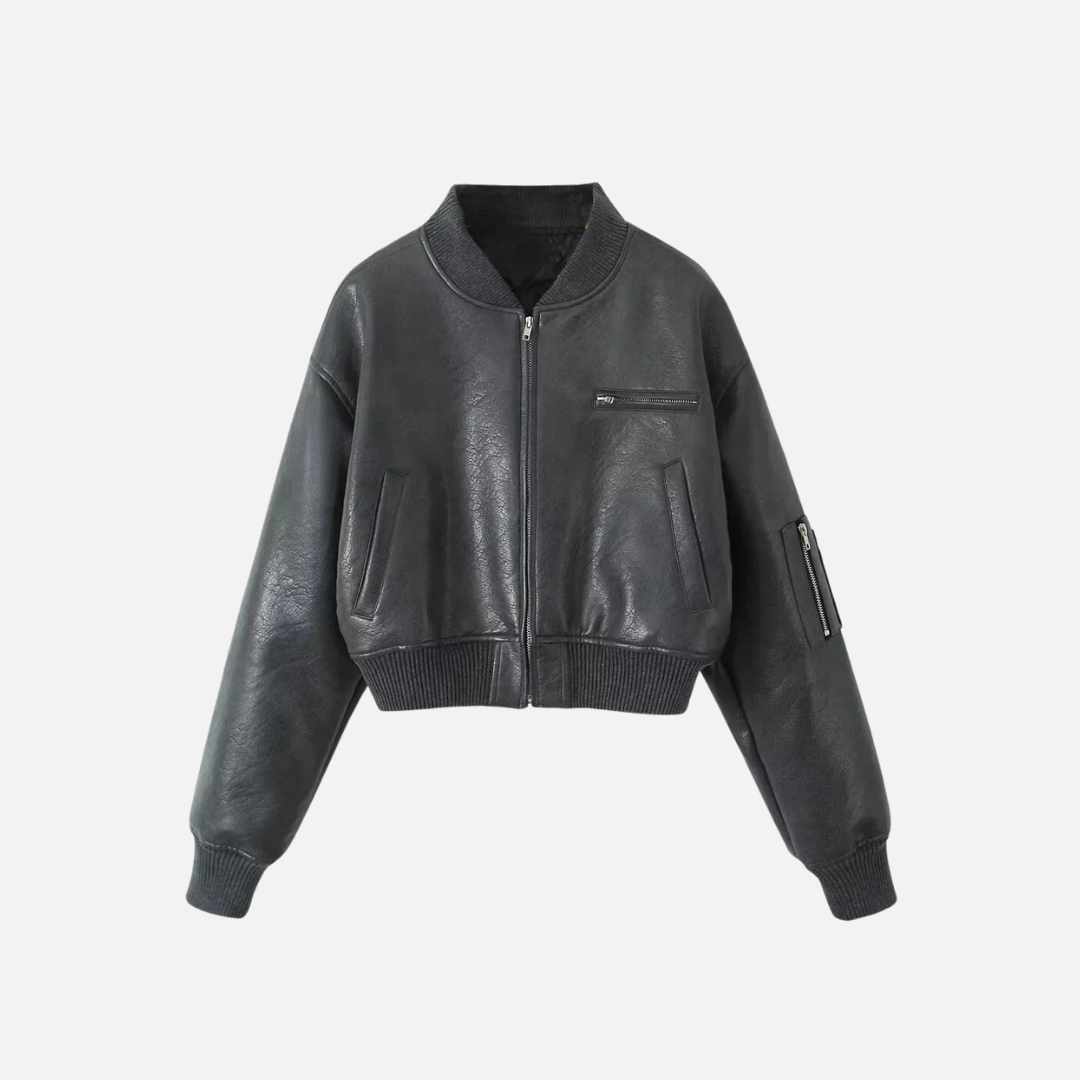 Jaqueta Bomber Cropped de Couro Ecológico – Valalia