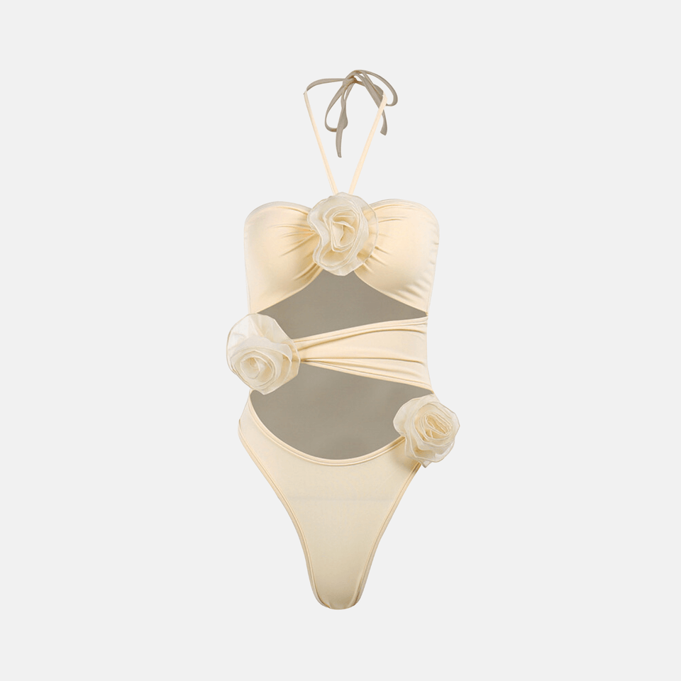 Maiô Off White com Recortes e Flores 3D – Calirisa