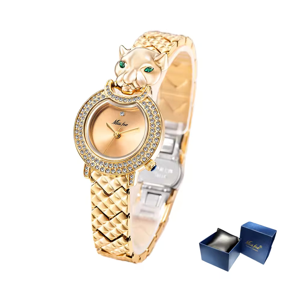 Relógio Feminino Dourado de Luxo com Design Felino e Cristais – Filipa