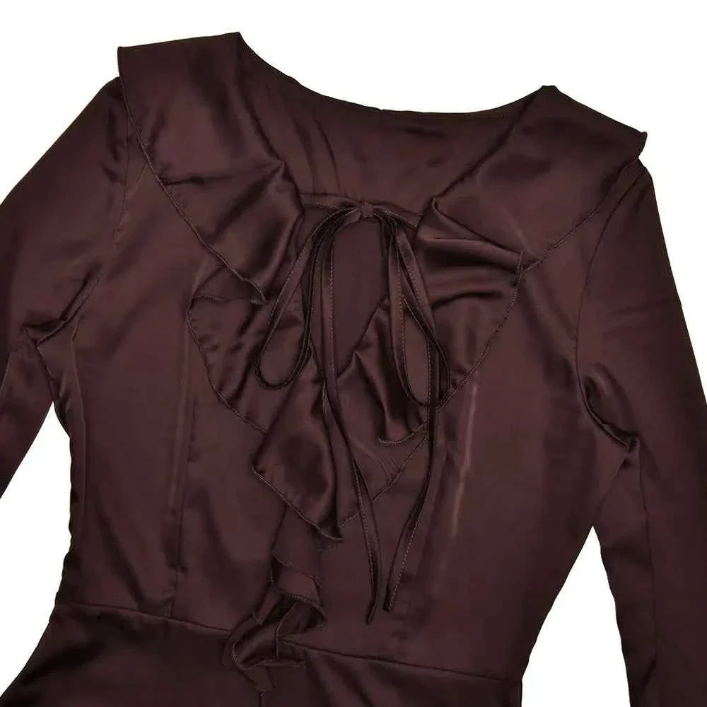 Vestido Curto de Cetim com Babados e Amarração Frontal – Lelinara