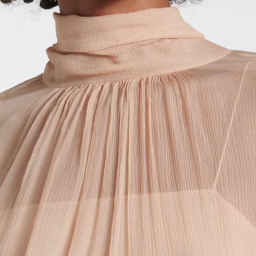 Blusa Feminina Transparente Gola Alta com Mangas Cascata de Babados – Luísa