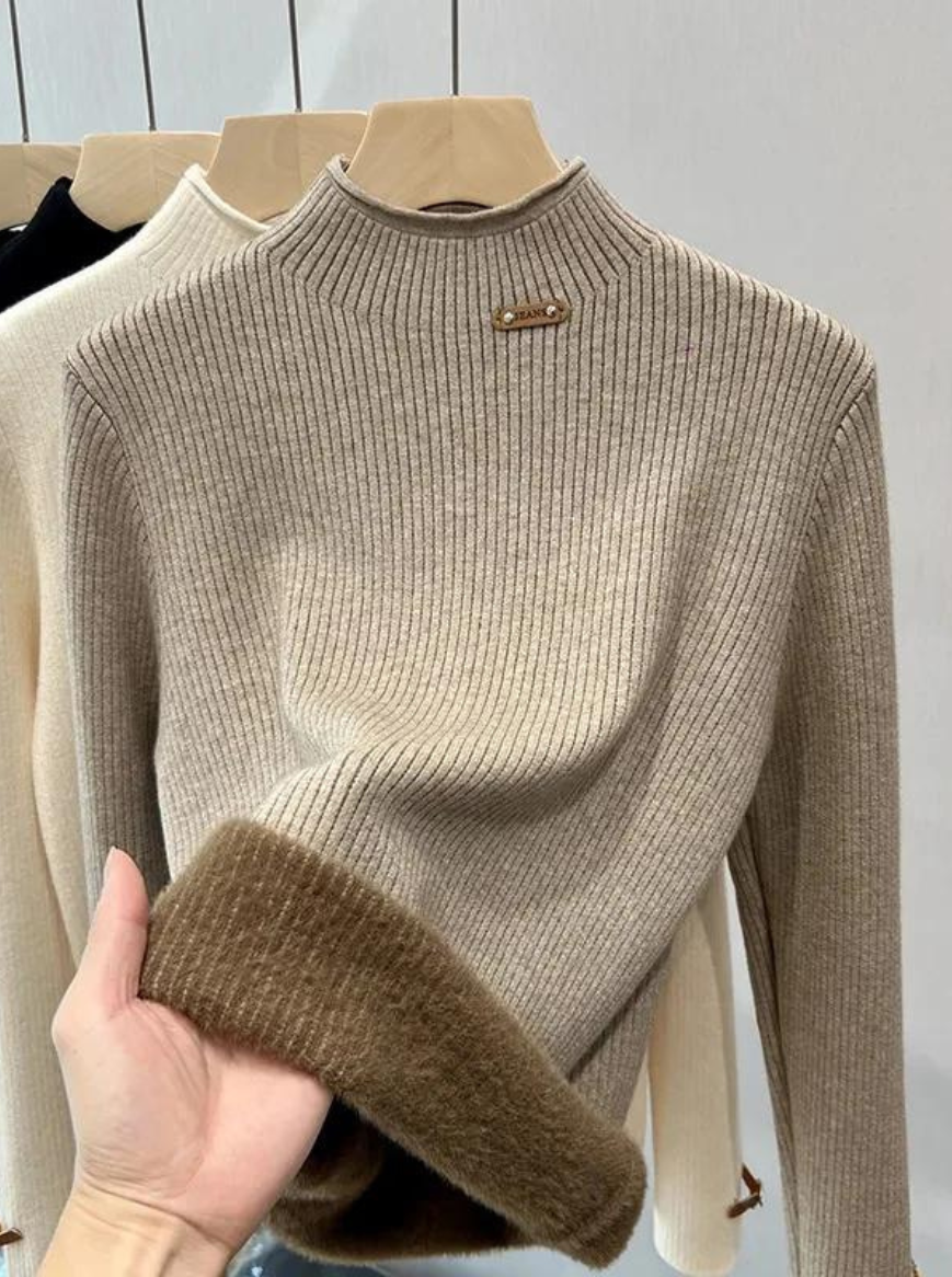 Suéter Feminino Gola Alta de Malha Canelada com Interior Peluciado – Lumilina