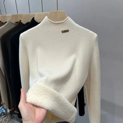 Suéter Feminino Gola Alta de Malha Canelada com Interior Peluciado – Lumilina